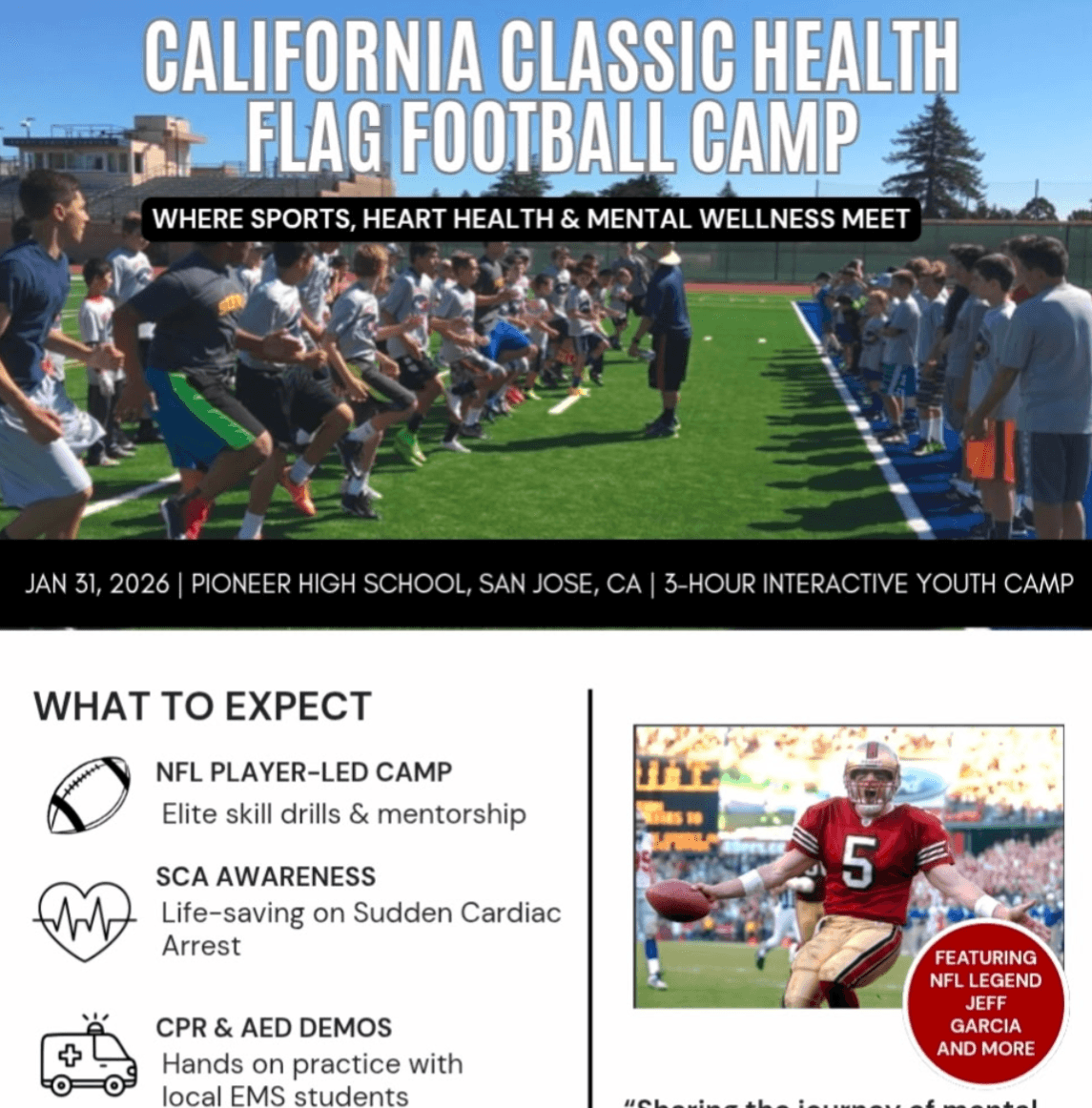 NFL Legend Jeff Garcia to Lead California Classic Health Flag Football Camp Combining Athletic Excellence with Life-Saving Health Education poster